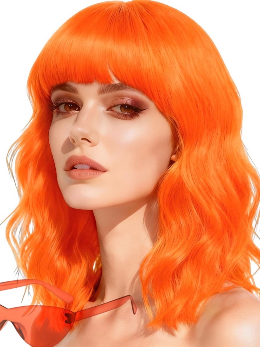 LOHO WONDERZ Wig and Sunglasses Set 15 Inch Wavy Wig With Bangs - Heat Resistant
